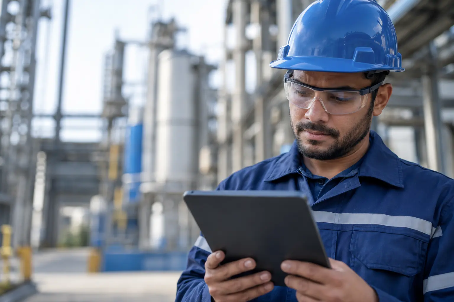 Profissional de segurança do trabalho consulta uma lista de verificação em ambiente industrial