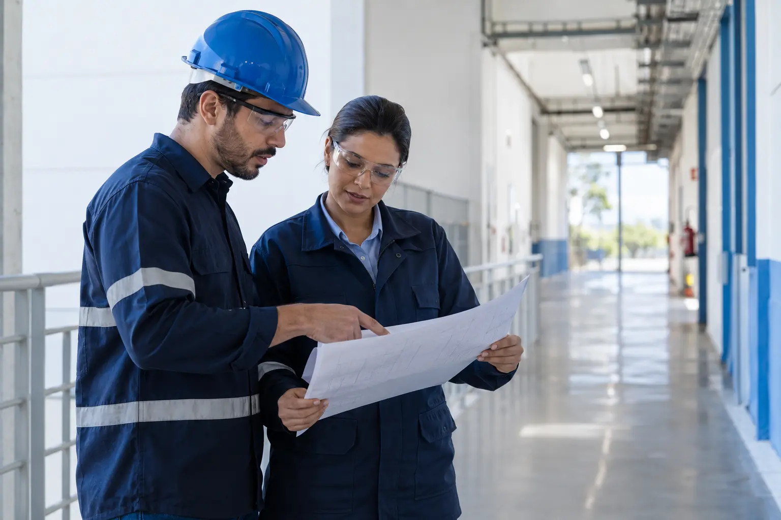 Profissionais de saúde e segurança do trabalho analisam juntos uma atividade em ambiente industrial