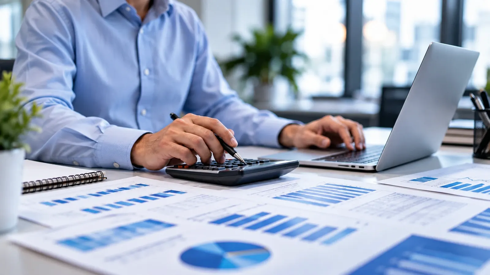 Profissional de contabilidade revisa relatórios e indicadores com calculadora e notebook