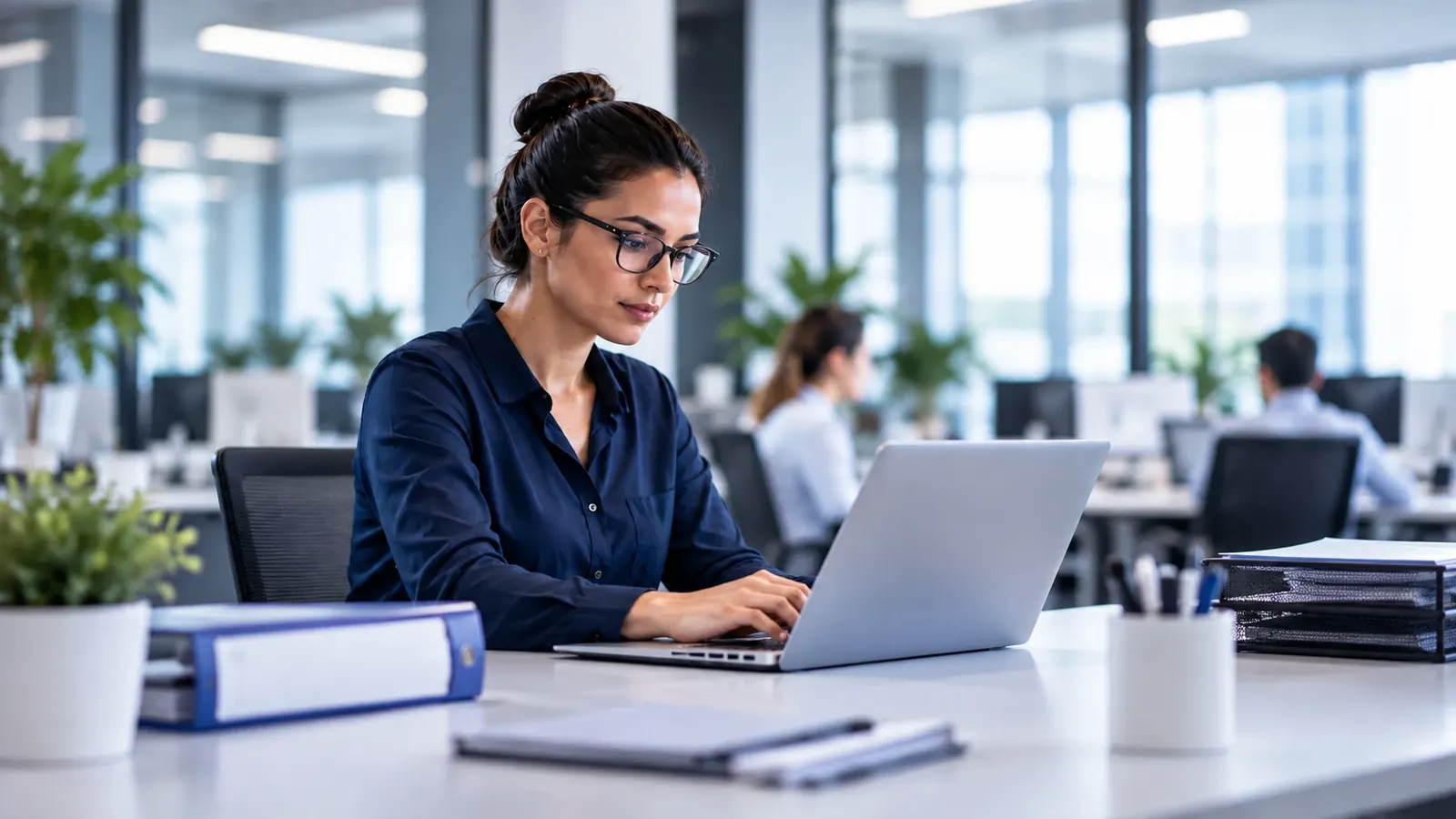 Profissional de Recursos Humanos acompanha no notebook as informações de saúde ocupacional da equipe