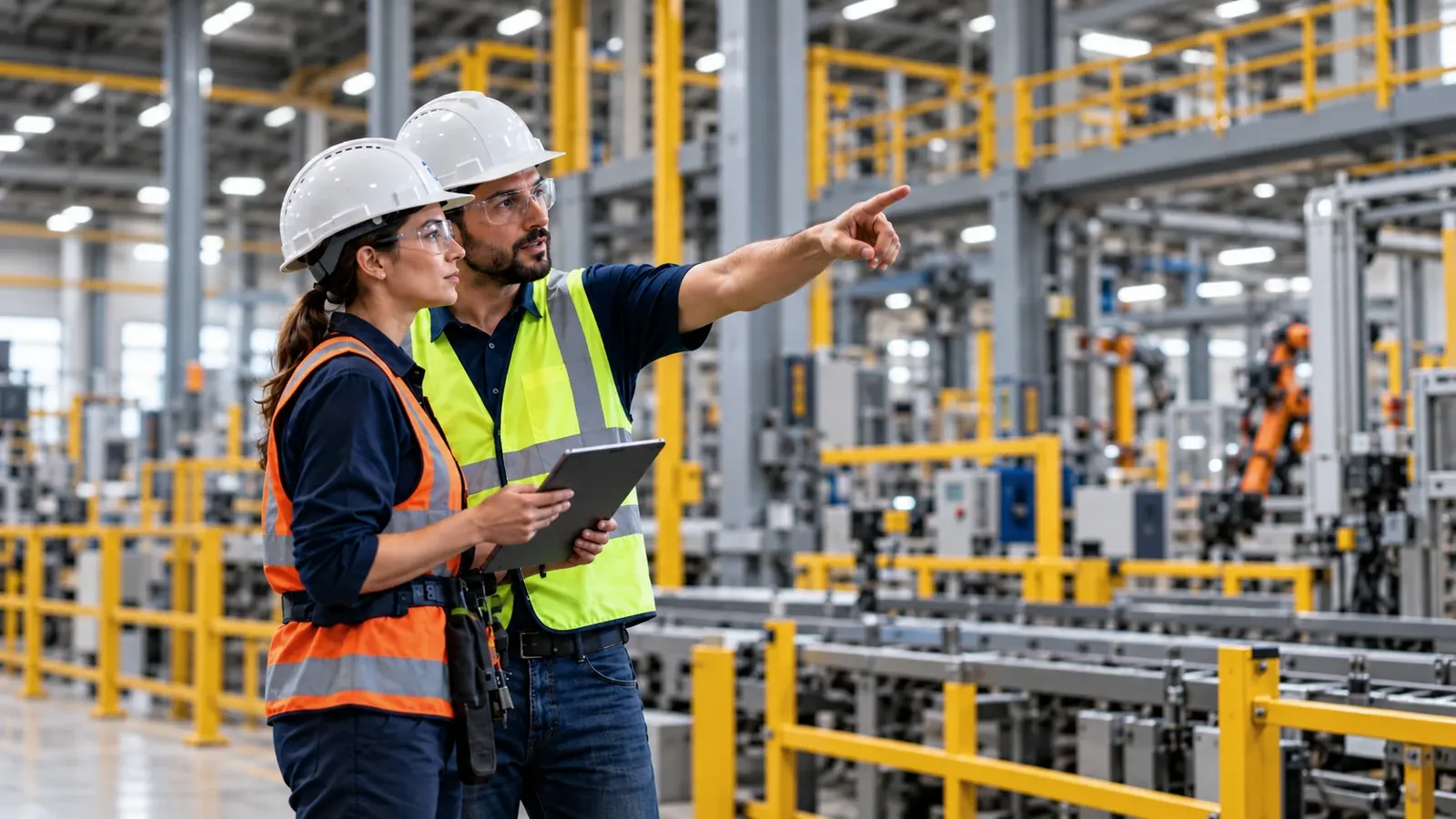 Técnicos de segurança do trabalho com capacete, óculos e colete refletivo inspecionam uma linha industrial
